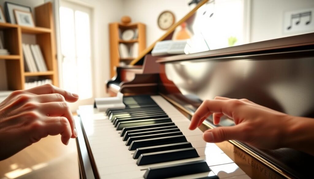 A focused scene showcasing a light-filled room designed for piano practice. In the foreground, a pair of hands, one on each side of the piano keyboard, showcase distinct finger movements with clarity, symbolizing hand independence. The left hand plays a simple bass line while the right hand crafts a melody, illustrating coordination in action. The middle ground emphasizes a shiny grand piano with polished wood and gleaming keys, inviting further exploration. Soft natural light streams in through a nearby window, casting gentle shadows that create a warm, inviting atmosphere. In the background, shelves lined with sheet music hint at various piano exercises. The overall mood is one of concentration and creativity, encouraging beginners to develop their skills. A focused scene showcasing a light-filled room designed for piano practice. In the foreground, a pair of hands, one on each side of the piano keyboard, showcase distinct finger movements with clarity, symbolizing hand independence. The left hand plays a simple bass line while the right hand crafts a melody, illustrating coordination in action. The middle ground emphasizes a shiny grand piano with polished wood and gleaming keys, inviting further exploration. Soft natural light streams in through a nearby window, casting gentle shadows that create a warm, inviting atmosphere. In the background, shelves lined with sheet music hint at various piano exercises. The overall mood is one of concentration and creativity, encouraging beginners to develop their skills.