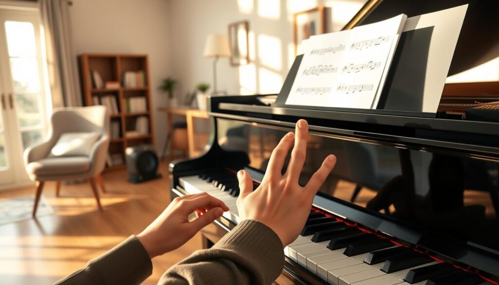 A serene indoor piano setting showcases a polished grand piano with an open sheet music display, highlighting beginner finger exercises. In the foreground, a pair of hands in modest casual clothing, fingers positioned over the keys, demonstrate simple finger drills like scales and five-finger exercises. Soft, warm natural light filters through a nearby window, casting gentle shadows and creating a calm atmosphere. The middle ground features a comfortable music chair, a metronome, and scattered music sheets. The background includes a bookshelf filled with music books and a wall adorned with subtle artwork, evoking a sense of creativity and focus. The overall mood is inviting and encouraging, perfect for beginners eager to develop hand coordination at the piano. A serene indoor piano setting showcases a polished grand piano with an open sheet music display, highlighting beginner finger exercises. In the foreground, a pair of hands in modest casual clothing, fingers positioned over the keys, demonstrate simple finger drills like scales and five-finger exercises. Soft, warm natural light filters through a nearby window, casting gentle shadows and creating a calm atmosphere. The middle ground features a comfortable music chair, a metronome, and scattered music sheets. The background includes a bookshelf filled with music books and a wall adorned with subtle artwork, evoking a sense of creativity and focus. The overall mood is inviting and encouraging, perfect for beginners eager to develop hand coordination at the piano.