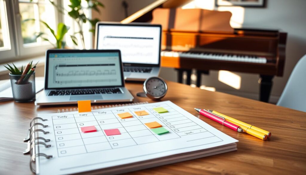 A bright, organized study space featuring a well-structured beginner's piano practice schedule on a wooden desk. In the foreground, a neatly arranged planner with sections for days of the week, time slots, and checkboxes, complemented by colored pens and sticky notes for motivation. In the middle, a laptop displaying a digital version of the schedule, with a metronome beside it, symbolizing effective practice. The background includes a grand piano bathed in soft natural light from a nearby window, with a potted plant adding a refreshing touch. The overall mood is upbeat and encouraging, fostering a productive atmosphere for learning. The image captures the essence of planning and dedication to mastering piano skills, using a warm color palette to evoke inspiration and focus.