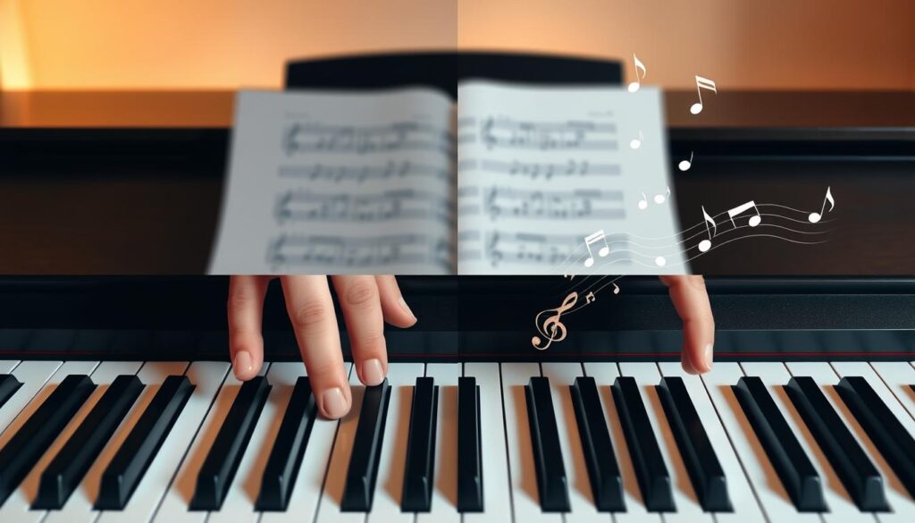 A split view of a piano keyboard with both hands positioned above the keys, showcasing four distinct steps of two-hand coordination. In the foreground, hands in professional attire are poised in a 'Speak' position, gently hovering over the keys. The middle layer features a blurred piano score, representing 'Shadow' practice, and progressions played with slower tempo. The background displays a serene, softly lit music room, with warm lighting emphasizing the peaceful atmosphere. Subtle notes of music rise from the keyboard in a flowing pattern, capturing the 'Flow' stage. The image evokes a sense of calm focus and determination, ideal for beginners mastering the art of coordination. The scene is clean, devoid of distractions, ensuring clarity and engagement.