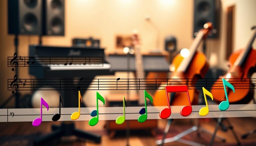 A visually striking representation of melodic transposition landmarks and interval steps, featuring a detailed music staff with notes arranged in ascending and descending patterns, symbolizing interval movements. In the foreground, colorful musical notes with varying shapes and sizes illustrate specific intervals, such as whole steps and half-steps. The middle layer includes a variety of instruments, like a piano, guitar, and violin, set against a softly blurred backdrop of a recording studio, evoking a creative atmosphere. The lighting is warm and inviting, casting gentle shadows to enhance the depth of the scene. The overall mood should be inspiring, reflecting the joy of music and the ease of transposing melodies, encouraging beginners to explore musical concepts. A visually striking representation of melodic transposition landmarks and interval steps, featuring a detailed music staff with notes arranged in ascending and descending patterns, symbolizing interval movements. In the foreground, colorful musical notes with varying shapes and sizes illustrate specific intervals, such as whole steps and half-steps. The middle layer includes a variety of instruments, like a piano, guitar, and violin, set against a softly blurred backdrop of a recording studio, evoking a creative atmosphere. The lighting is warm and inviting, casting gentle shadows to enhance the depth of the scene. The overall mood should be inspiring, reflecting the joy of music and the ease of transposing melodies, encouraging beginners to explore musical concepts.