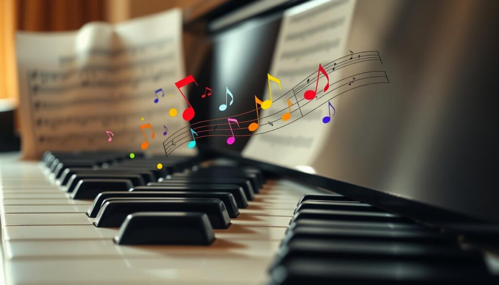 A serene piano in the foreground, its polished black surface reflecting soft daylight. The keys are slightly illuminated, revealing a few gently pressed chords, symbolizing various harmonic patterns. In the middle, an arrangement of colorful musical notes and abstract visual representations of harmony flow gracefully above the piano, embodying the essence of melody and emotion. The background features a blurred, elegant music sheet with handwritten notes, highlighting the simplicity of iconic movie themes. The lighting is warm and inviting, capturing a calm yet inspirational atmosphere, emphasizing creativity and learning. The angle is slightly elevated to showcase the keys and notes, inviting viewers into the world of music. A serene piano in the foreground, its polished black surface reflecting soft daylight. The keys are slightly illuminated, revealing a few gently pressed chords, symbolizing various harmonic patterns. In the middle, an arrangement of colorful musical notes and abstract visual representations of harmony flow gracefully above the piano, embodying the essence of melody and emotion. The background features a blurred, elegant music sheet with handwritten notes, highlighting the simplicity of iconic movie themes. The lighting is warm and inviting, capturing a calm yet inspirational atmosphere, emphasizing creativity and learning. The angle is slightly elevated to showcase the keys and notes, inviting viewers into the world of music.
