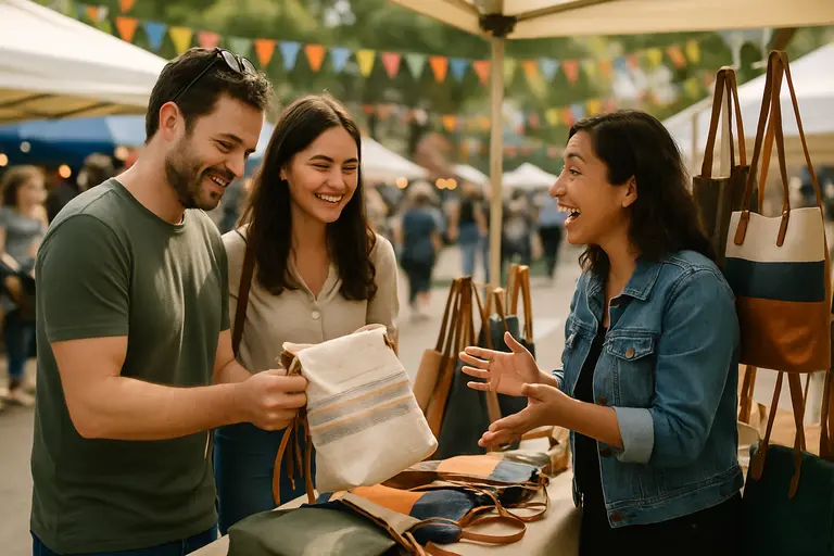 Hands holding a handmade ceramic bowl at an outdoor craft market