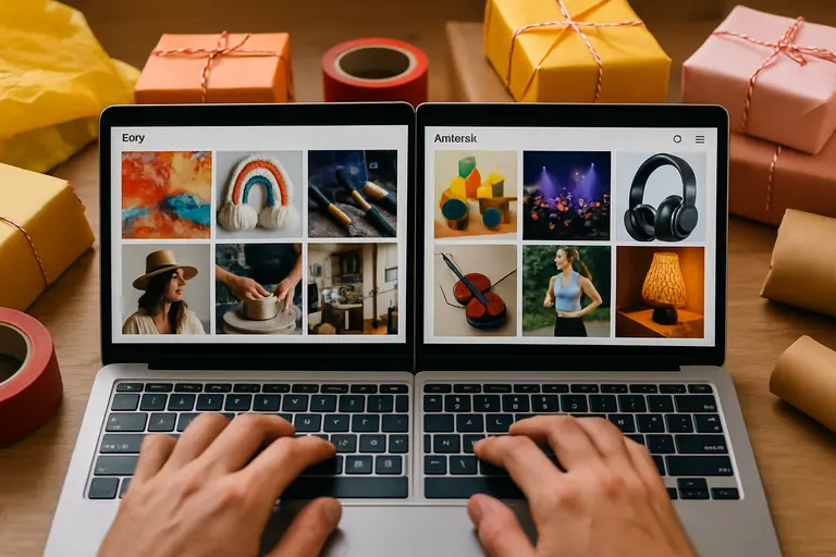 Seller comparing product attributes on a laptop beside handmade goods