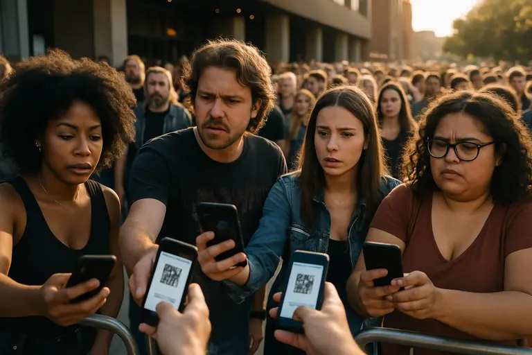 People entering an outdoor music venue before sunset