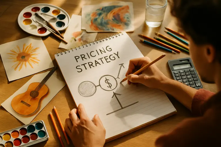 Artist comparing listing notes, packaging materials, and a finished print