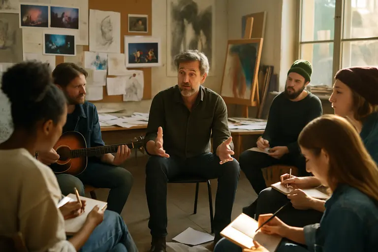 Musician and maker workspace with fabric swatches, guitar picks, and draft notes