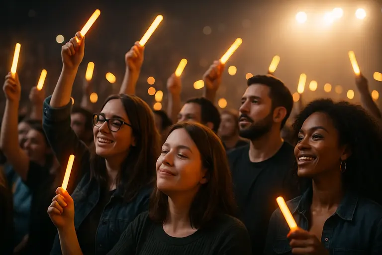 Audience members interacting calmly at a music event table