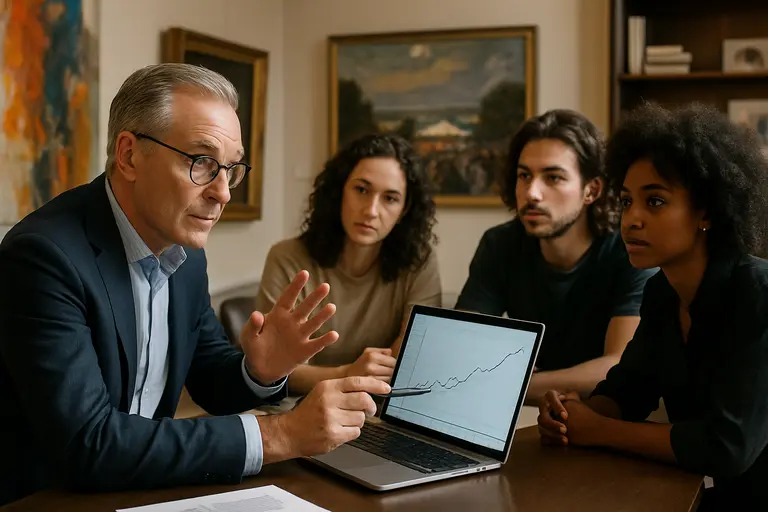Buyer reviewing artwork details with a gallery representative