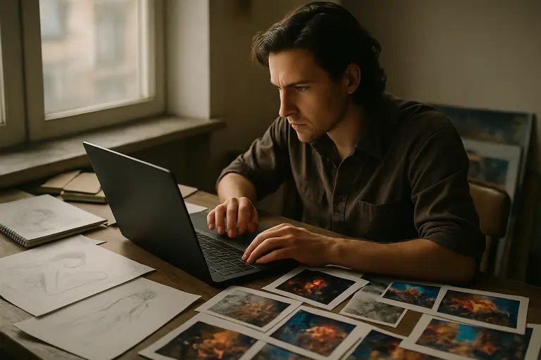 Artist organizing portfolio images and artwork details at a studio desk