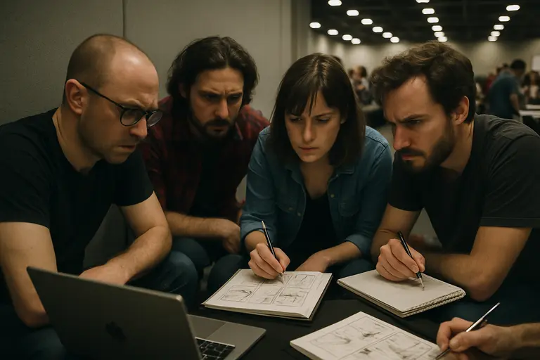 Visitors browsing comics while artists speak across shared tables