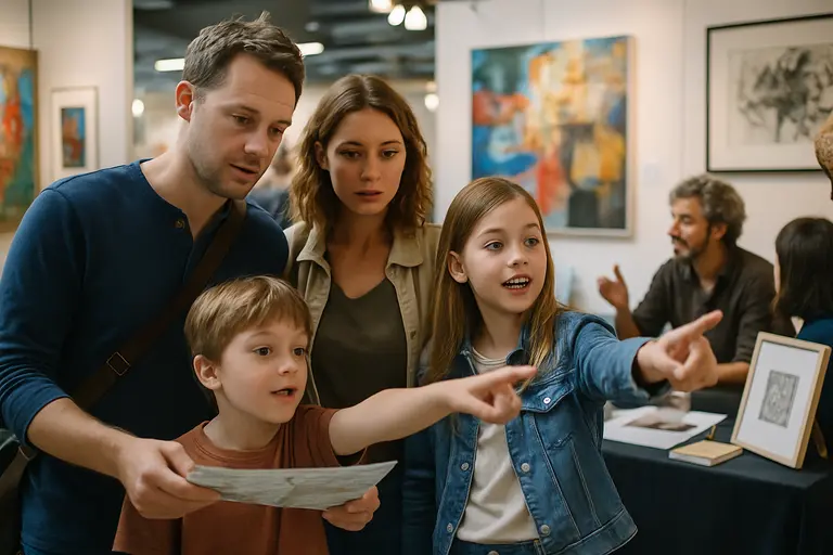 Collector examines a wall of original artworks at an indoor fair