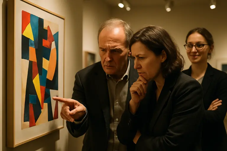 Collector viewing a framed artwork in a quiet gallery booth