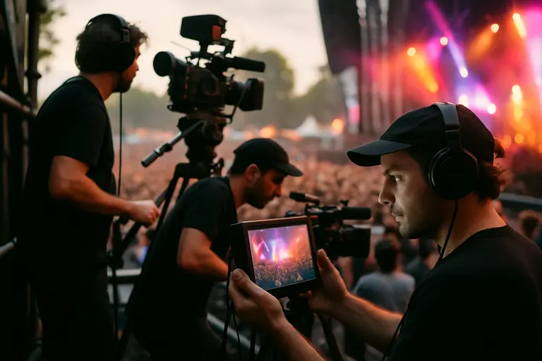 Concert cameras filming a singer on a brightly lit stage