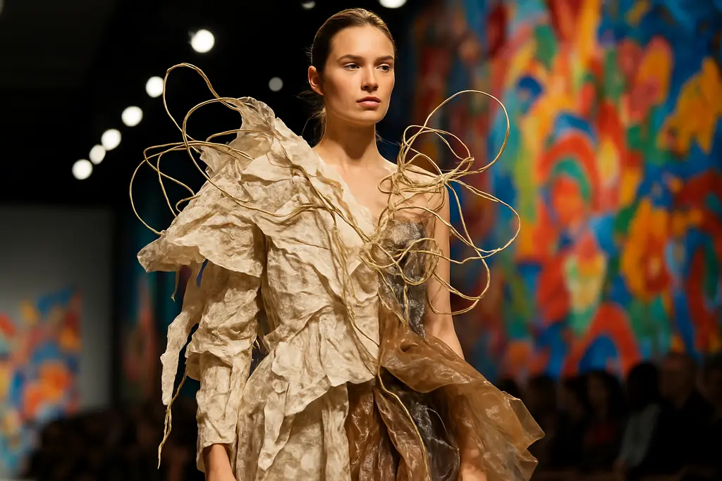 Fashion and Sculpture gallery scene with garments and abstract forms