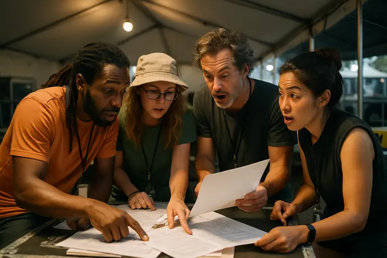 Festival operations checklist beside invoices and production notes