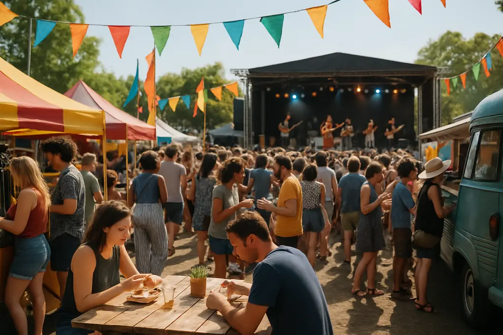 Summer Music Festivals crowd with stage lights, fashion, and vendor spaces