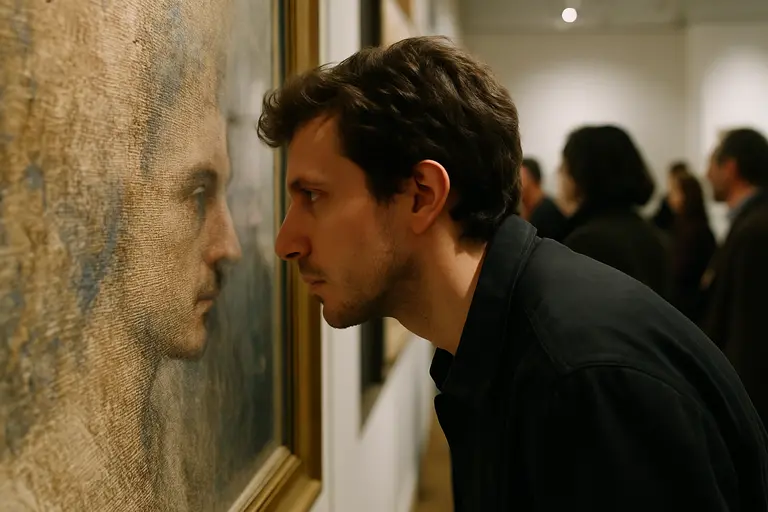 A viewer taking notes while looking at mixed-media works in a gallery