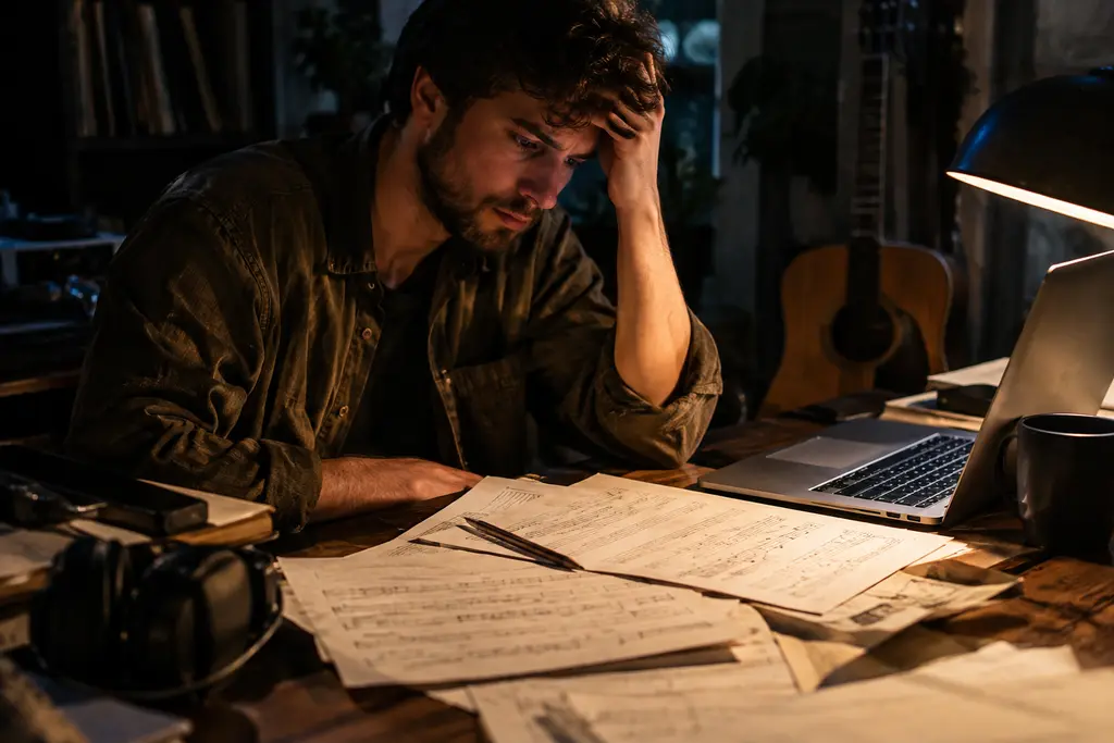 AI Music Copyright concept with headphones, waveform display, and legal notes on a studio desk