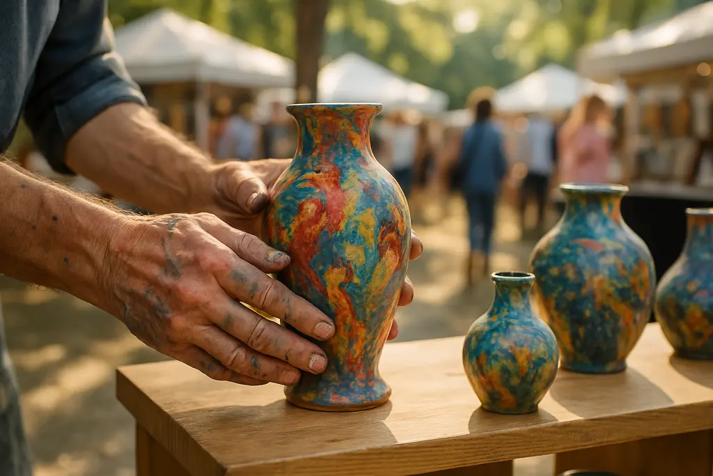 Buying Handmade Art display with craft objects on pedestals in a quiet gallery