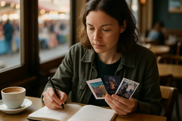 Collector reviewing artwork paperwork at a gallery desk