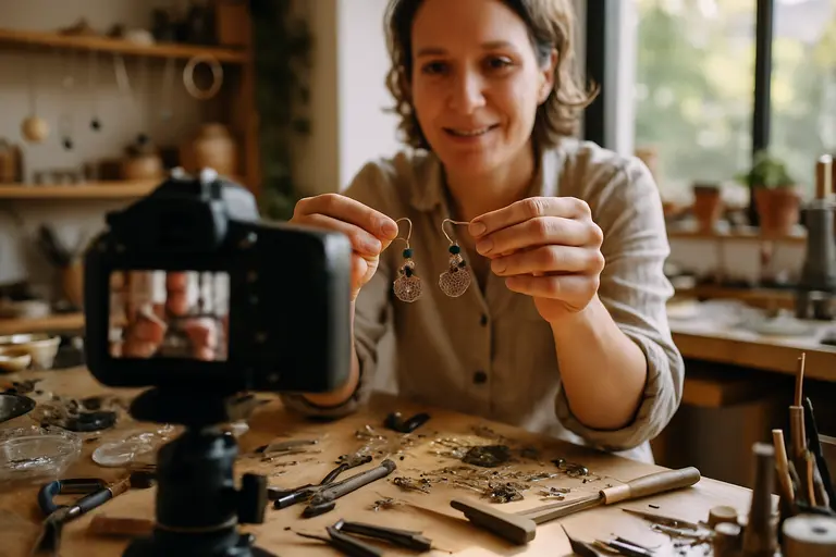 Craft tools, product samples, and a laptop showing a seller workflow