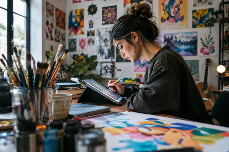 Designer comparing digital artwork with a printed tote sample