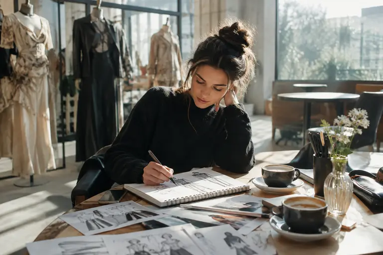 Designer workspace with fabric swatches, sketches, and a sewing machine