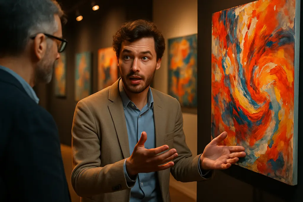 Collector viewing Emerging Galleries at a contemporary art fair booth