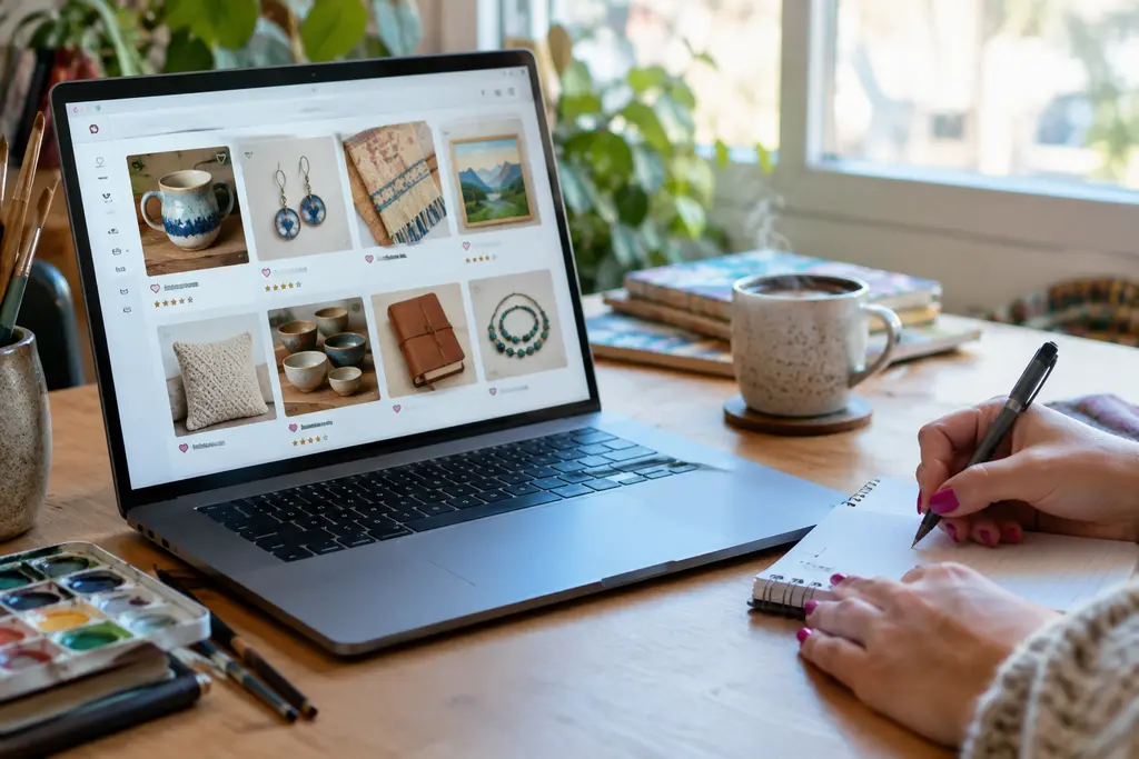 Etsy AI rules checklist beside handmade items and a camera