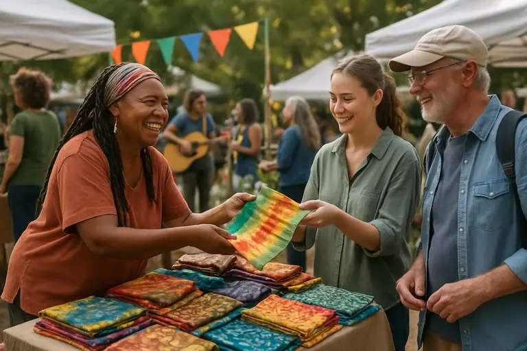 Hands arranging flower crowns and handmade accessories at a festival table