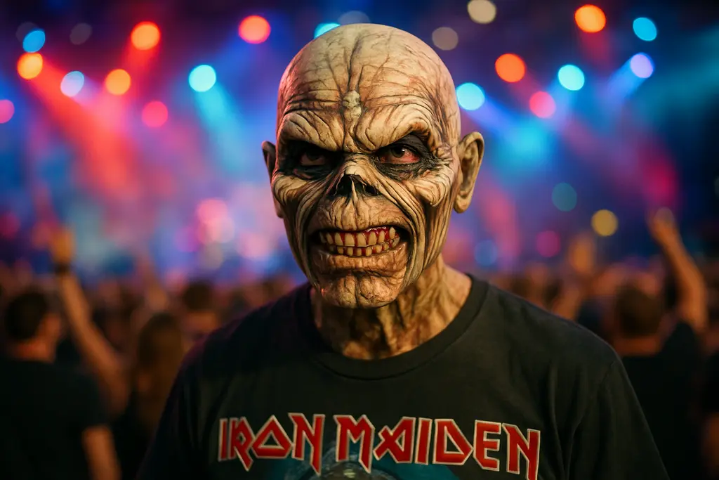 Iron Maiden fashion influence shown through stage costumes, fire, and concert lighting