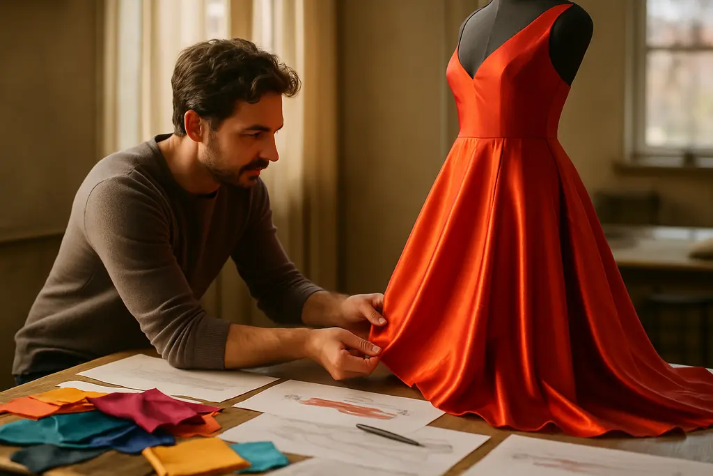 LA Fashion Trends display with garments, fabric swatches, and digital design tools