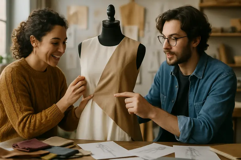 Maker pinning a garment sample on a dress form in a studio