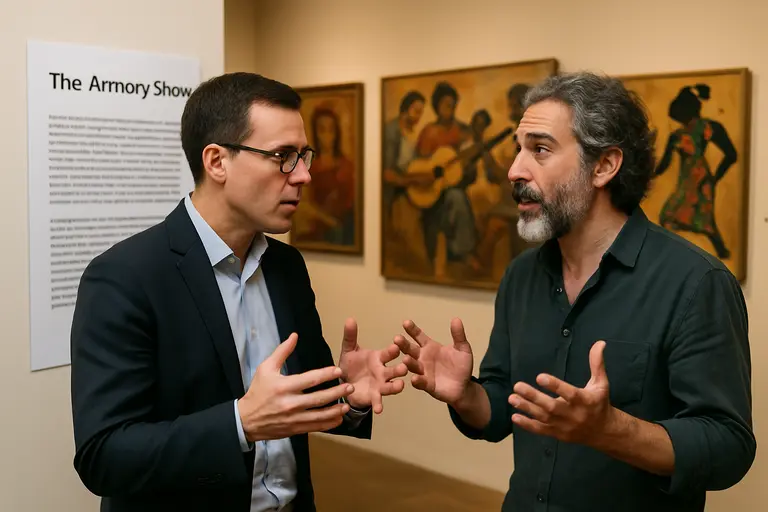 Museum visitors studying a contemporary artwork in a quiet gallery
