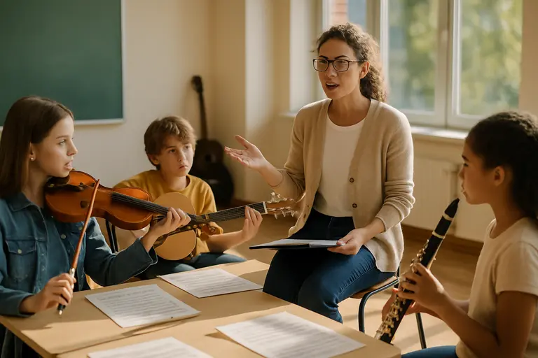 Music teacher pointing to song credits during a studio lesson