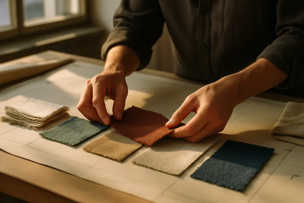 Designer pinning monochrome fabric while reviewing NYFW SS27 trends