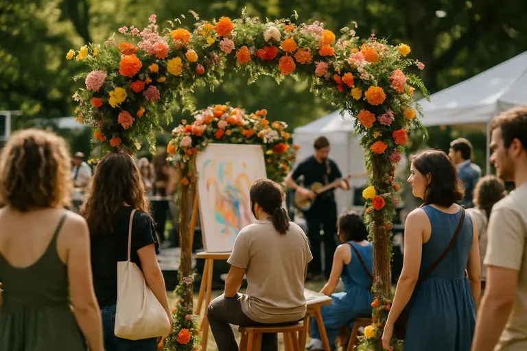 Outdoor festival activation with floral decor and people gathering nearby