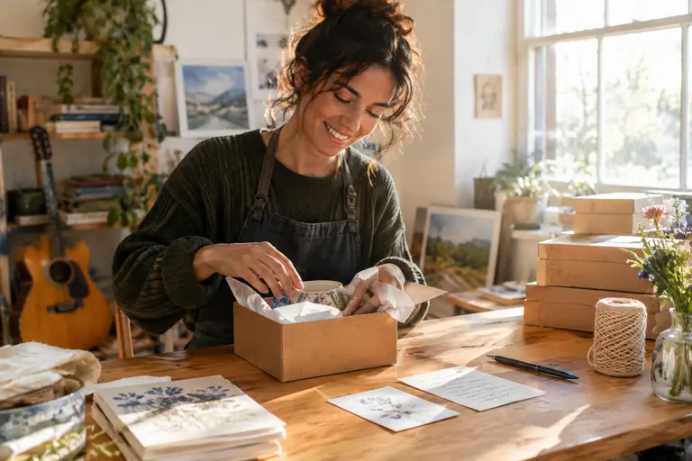 Packaged handmade order with printed care card and photo records