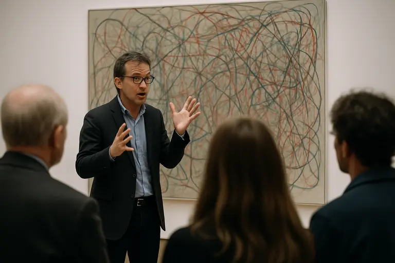 Several abstract paintings arranged along a white gallery wall