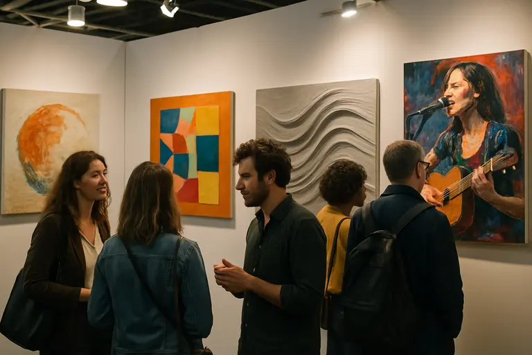 Small gallery booth with contemporary artworks and visitors in discussion