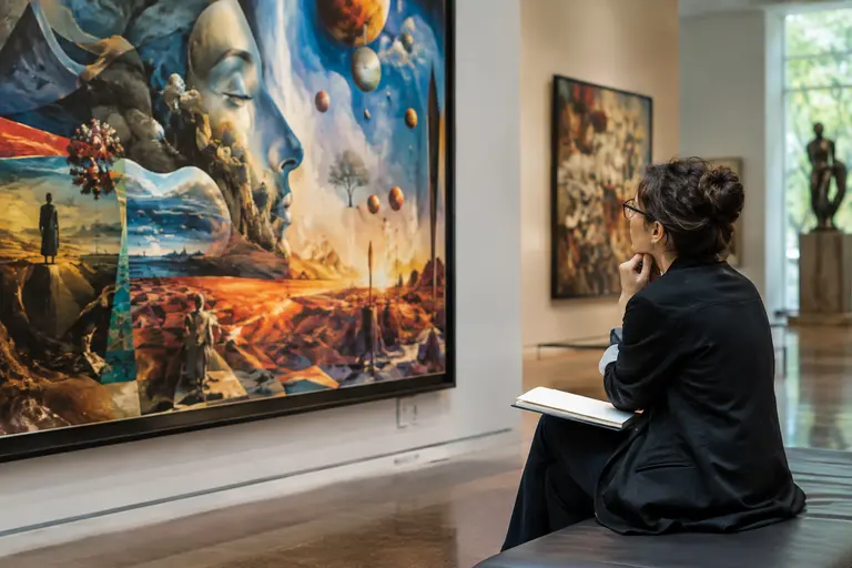 Viewer looking closely at a symbolic artwork in a museum-like space