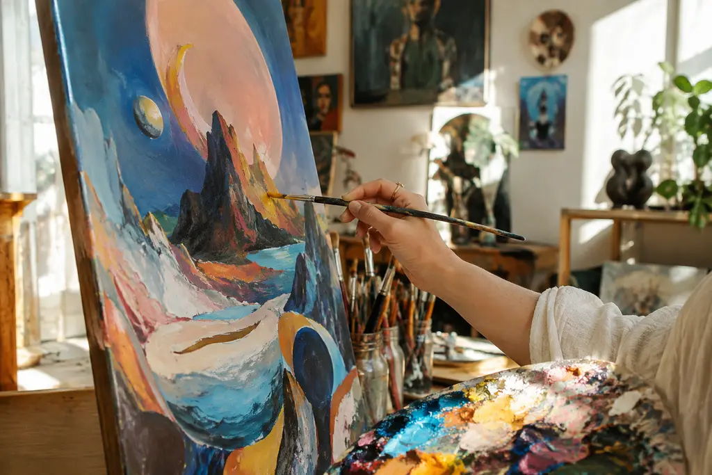 women Surrealist artists represented by symbolic works in a quiet gallery setting